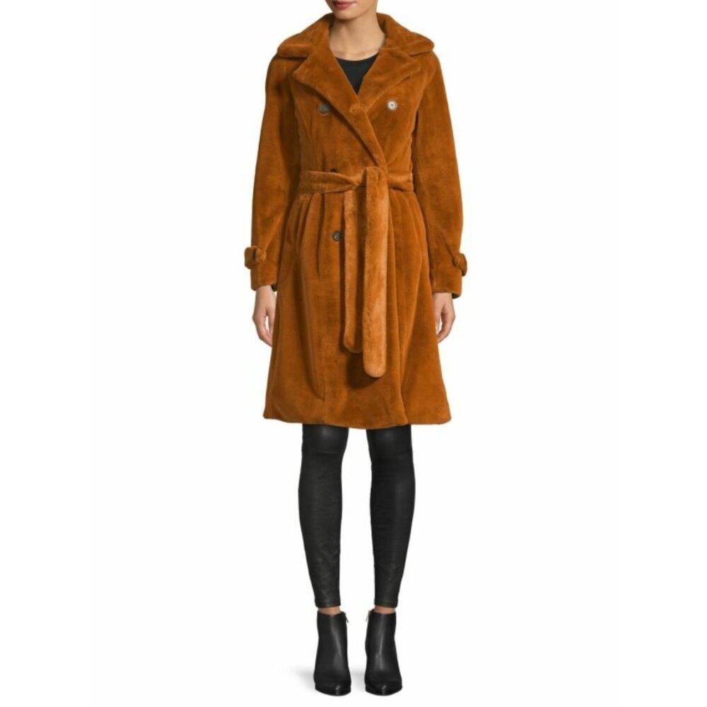 Apparis Coat Nicole Double-Breasted Faux-Fur Belted Coat Chestnut Brown SZ S NWT